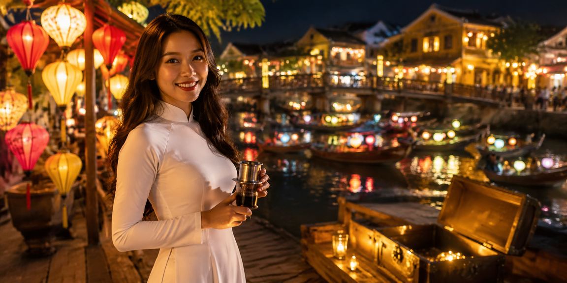 Du khách tại Hội An thư giãn bên tách cà phê và chơi baccarat trực tuyến trên điện thoại